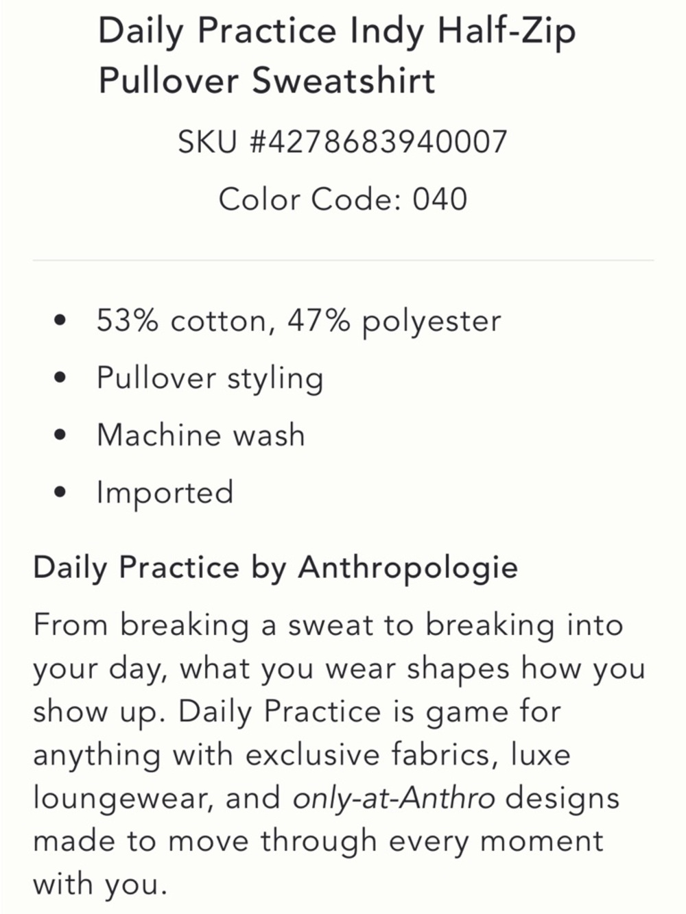 Anthropologie Daily Practice Indy Half Zip Pullover Sweatshirt S NWT - Picture 5 of 8
